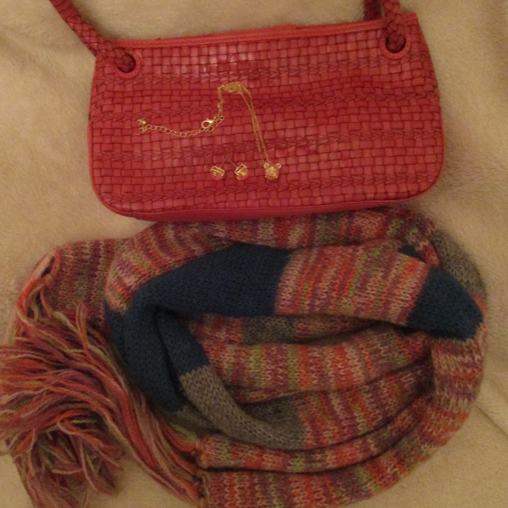 Coral Leather Fossil Handbag, Scarf, Jewelry Set